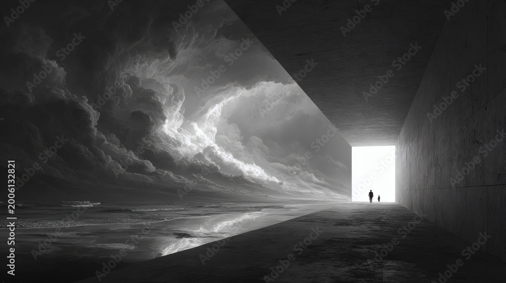 Fototapeta premium Dramatic hallway with ocean view