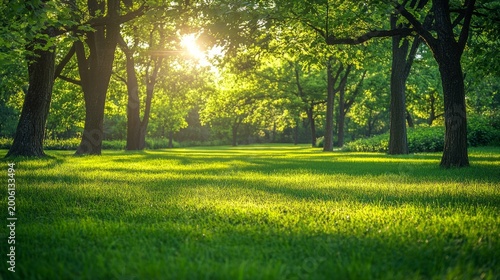 Sunlight filters through the dense canopy of a lush green forest park during a bright and peaceful spring morning.