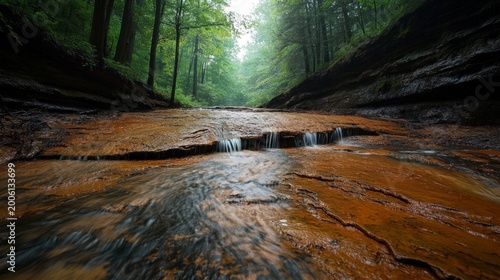 Stream flows over flat brown stone layers in a deep forest setting with tall trees and soft morning light rays.