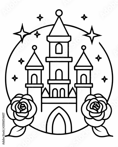 Minimalist castle illustration with roses and stars