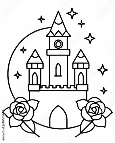 Whimsical castle illustration with roses and stars