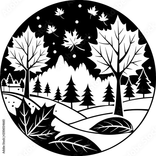 Black and white forest scene with winding path and trees