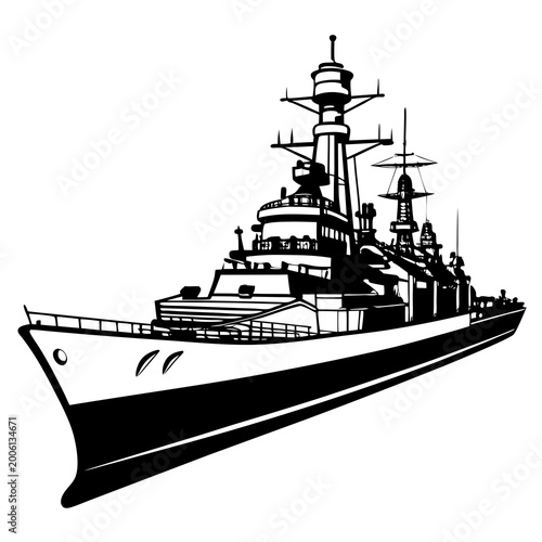 Black and white naval battleship vector illustration