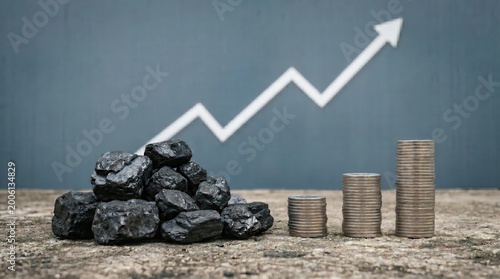 Coal price increase concept with rising arrow graph, stack of black mineral coal and growing coin piles, energy market inflation and fuel costs