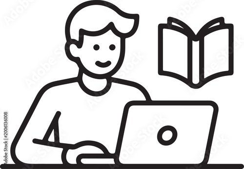 Man sitting at desk with laptop and open book beside him online learning