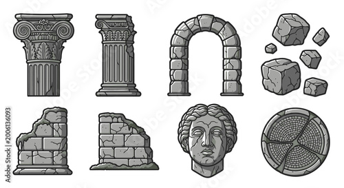 Ancient stone architecture fragments and bust.