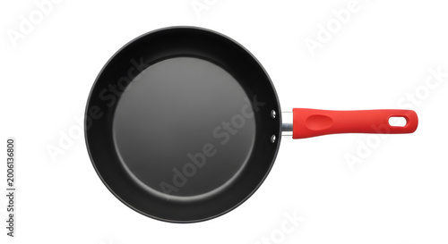 Non-stick frying pan with red handle isolated on transparent background. High-quality non-stick frying pan with red handle for cooking and kitchen use