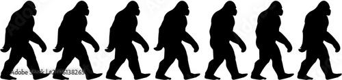 Foto Black silhouettes of Bigfoot or Sasquatch figures walking in a row, a mysterious procession of mythical forest creatures