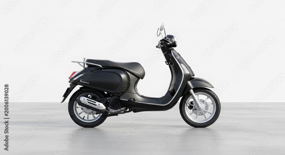 Fototapeta premium Black scooter on clean minimal white background, side view