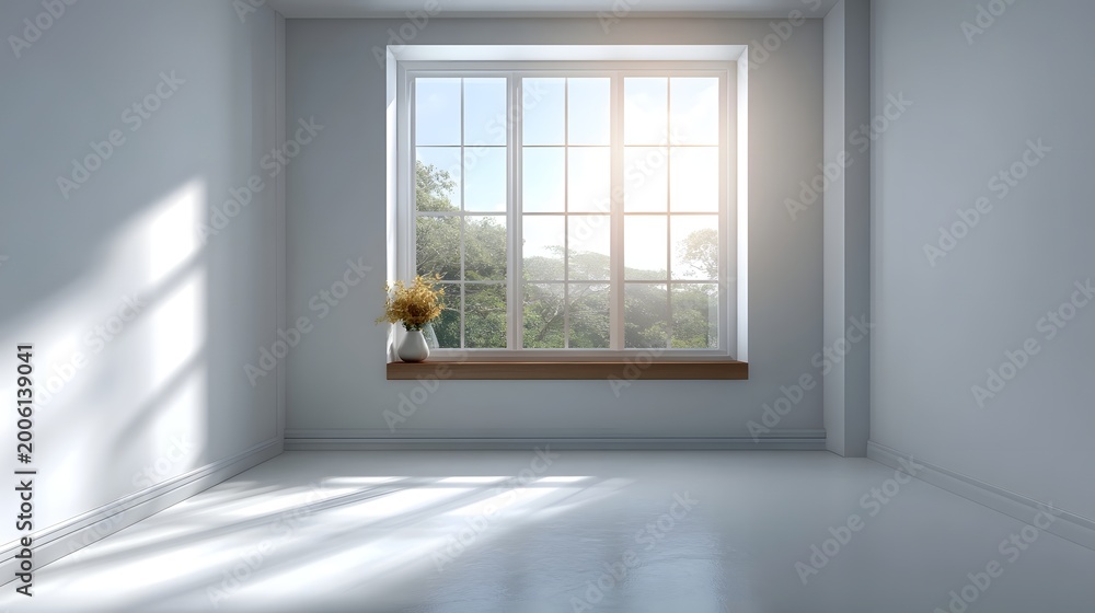 Fototapeta premium Minimalist room corner illuminated by dramatic natural sunlight streaming through a large window enhancing the clean airy space