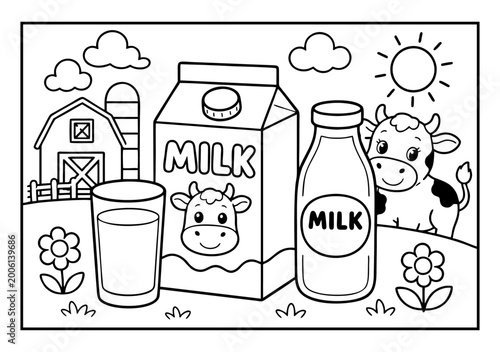 Photos A cute, farm-themed coloring page featuring a cow, barn, and various milk containers under a sunny sky