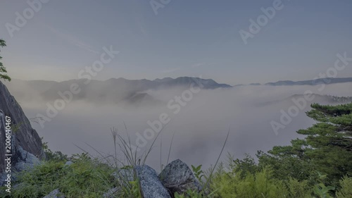 봉화 삼동재 호랑이바위 여름 아침 안개 HDR 타임랩스, 강 위 물안개 풍경
