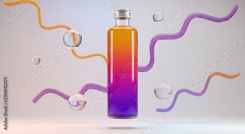 Colorful Bottle with Gradient Liquid Surrounded by Neon Ribbons