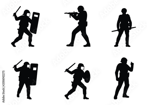 Set of police officer silhouettes in action poses. Security, law enforcement concept. Isolated black vector.