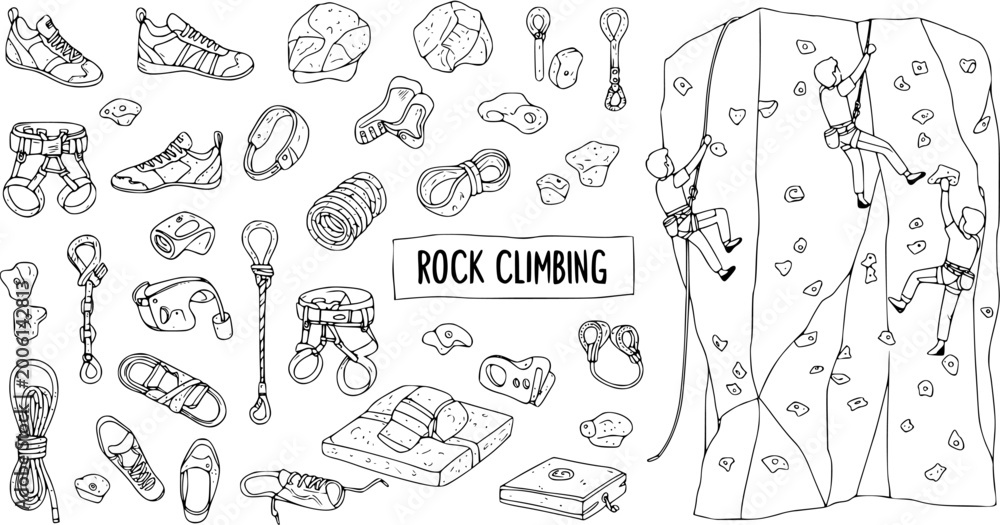 Fototapeta premium Rock Climbing Gear and Equipment Doodle Set with Climbers on Wall - Line Art Vector Illustration