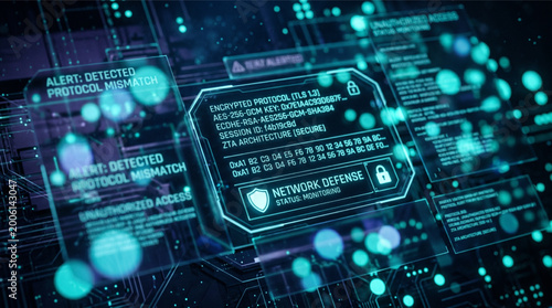 Photos Cybersecurity digital interface with encrypted protocol data and network defense alerts