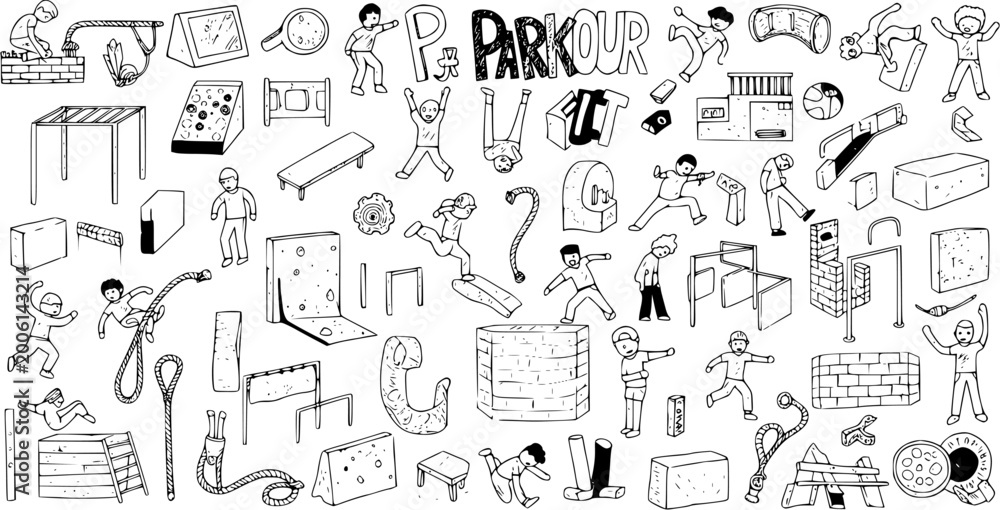 Obraz premium Whimsical Parkour Doodle: Hand-Drawn Obstacles and Athletes for Design Fun