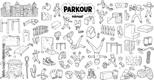Bild auf Leinwand Hand-drawn Parkour Doodle Elements Set: Urban Cityscape, People Training, Obstac