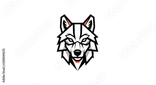 Foto A modern, geometric illustration of a wolf's head in black, white, and subtle orange tones, featuring sharp lines and a fierce expression