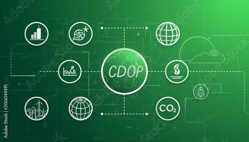 CDOP Concept with Global Environmental and Sustainability Icons on a Digital Green Background