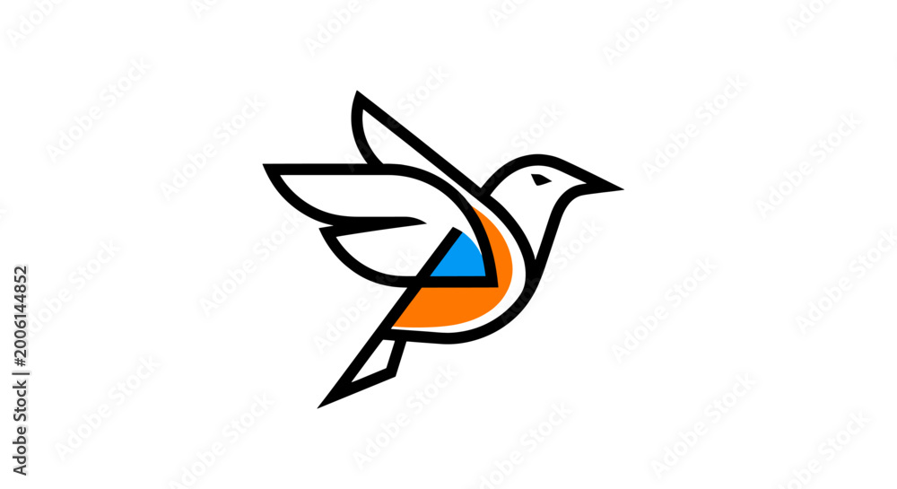 Fototapeta premium A minimalist and modern logo design featuring a stylized bird in flight with orange and blue geometric accents on a white background.