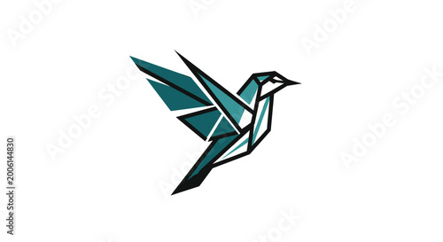 Canvastavla Geometric origami-style bird in flight with teal and black facets on a white background, representing freedom and elegance
