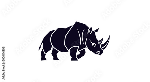 Konstfotografi A striking black silhouette of a rhinoceros walking with its head held high, showcasing its powerful build and distinctive horn against a clean white background
