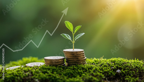 Green plant growing from coin stack on moss, symbolizing financial investment, growth, and sustainable development