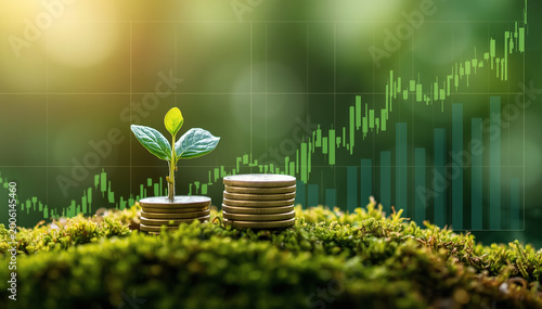 Financial growth and green investment concept with a plant growing on stacked coins and a rising chart