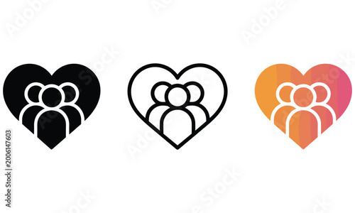 Heart shape icon with group of people silhouette inside for community and social connection branding in black line and colorful gradient styles