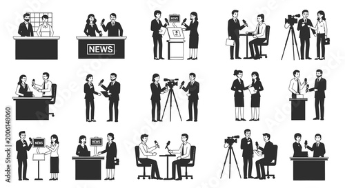 Television News Broadcasting and Journalism Scene Illustrations