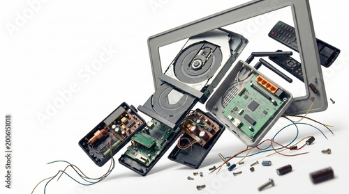 Disassembled electronic devices scattered on white background. Broken consumer electronics parts and circuit board. Concept of excessive consumption, e-waste, repair, and recycling.