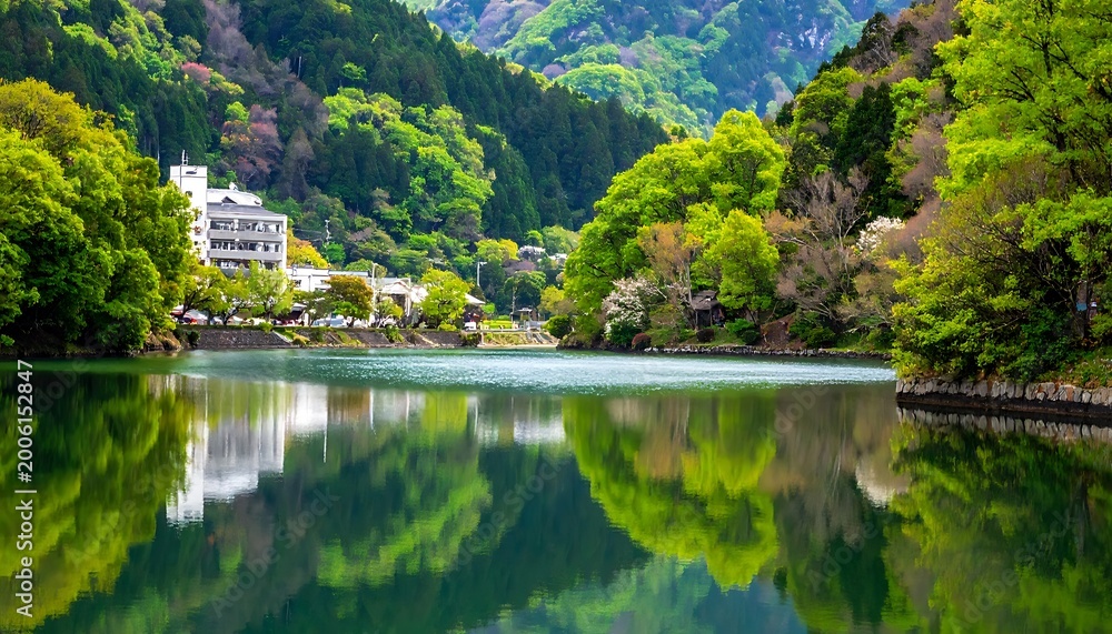 Obraz premium A serene lake surrounded by lush greenery and trees with a white building