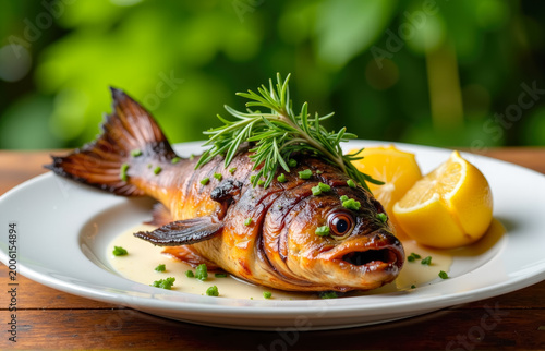 Fried fish on a plate with lemon slices, close up, golden crispy texture, appetizing seafood dish in natural light.