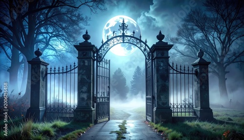 Dramatic iron gate entrance under full moon in a foggy night scene