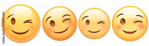 Four distinct yellow winking emojis displaying playful facial expressions and happy emotions presented as a set on transparent background