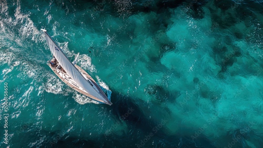 Obraz premium High Angle View of a Luxurious Sailboat Gliding Through Turquoise Tropical Ocean Waters