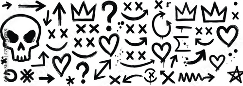 Set of hand drawn doodle graffiti elements including skulls crowns hearts arrows question marks and cross eyes signs.