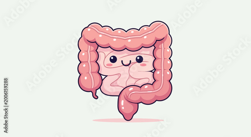 Cute smiling colon cartoon character, pink intestine anatomy