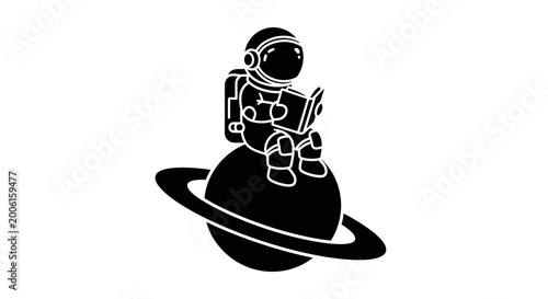 Astronaut reading a book while sitting on a planet with rings