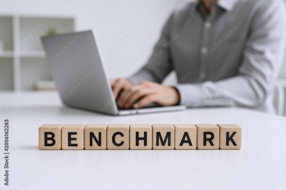 Obraz premium Wooden blocks spelling BENCHMARK with person working on laptop in blurred office background