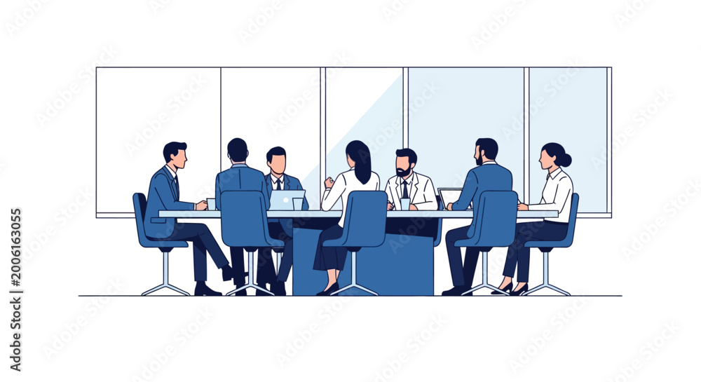 Fototapeta premium Diverse Business Professionals Having a Strategic Meeting Around a Conference Table, Minimalist Flat Vector Illustration of Corporate Teamwork and Modern Boardroom Collaboration
