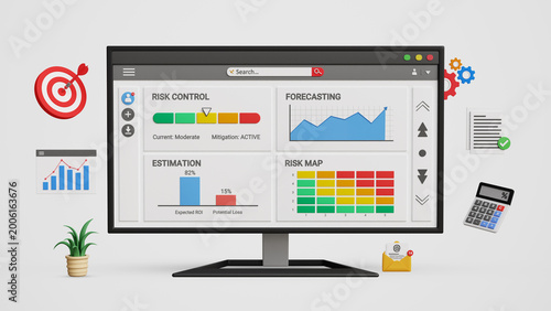 Risk Control, Risk Map Framework. Risk Assessment, Analysis, Compliance Monitoring, Mitigation Planning, Operational Safety and Business Continuity Management. Risk Control Map on Computer Screen. 3D