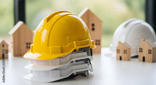 Yellow and White Stacked Safety Helmets with Wooden House Models for Residential Construction and Real Estate Planning