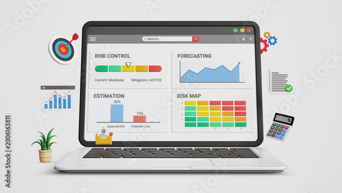 Risk Control, Risk Map Framework. Risk Assessment, Analysis, Compliance Monitoring, Mitigation Planning, Operational Safety and Business Continuity Management. Risk Control Map on Laptop. 3D