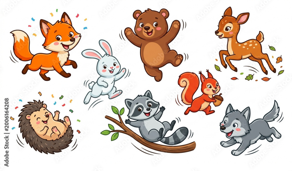 Obraz premium Playful forest animal vector set with cute cartoon wildlife characters in action poses for kids isolated on white