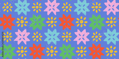 Bright Kid Lit Hand Drawn Seamless Pattern with Colorful Star and Sun Shapes for Children Book and Playful Fabric
