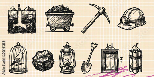 Photos Black ink scribble doodle vector vintage hand drawn set of coal mining industry