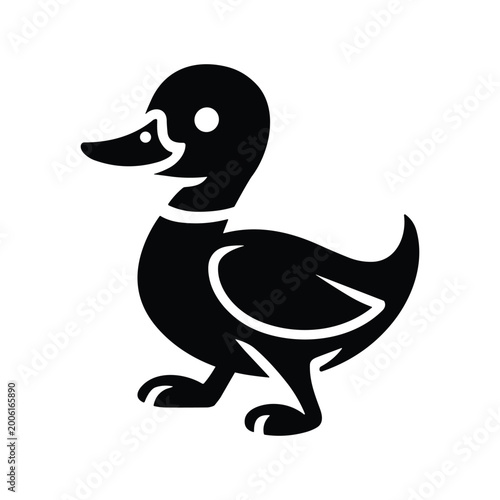 фотографія Simple black silhouette icon of a cute duckling standing on white background