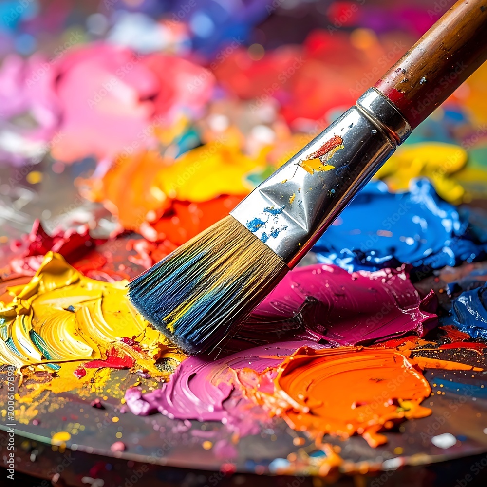 Fototapeta premium A paintbrush lies on a palette with colorful paint smears